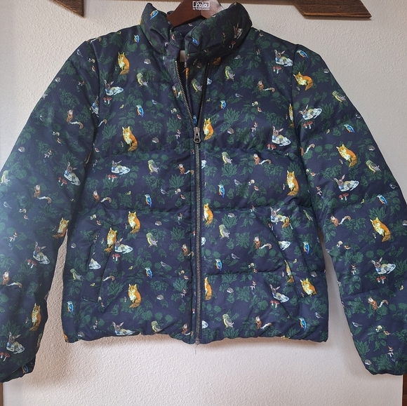 Ochirly Jackets & Blazers - Ochirly Womens Navy Animal Forest Print Puffer Jacket Zip Whimsical Size S